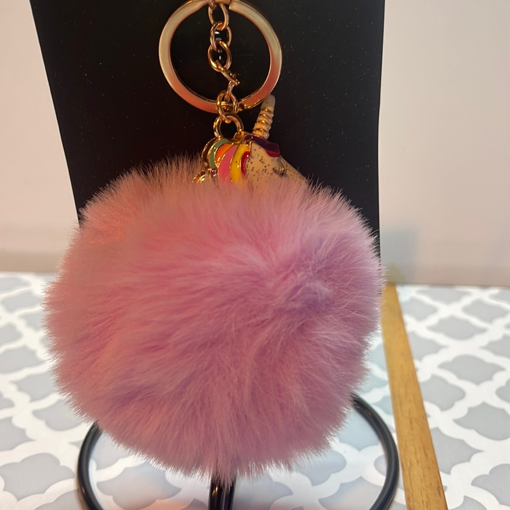 Purple fury Unicorn glitter face rainbow hair purse charm/key chain